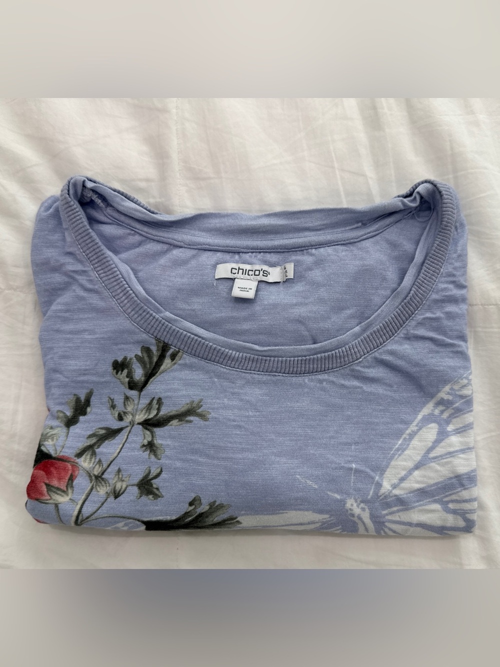 Chico's Light Lavender Floral & Butterfly Crewneck Top.